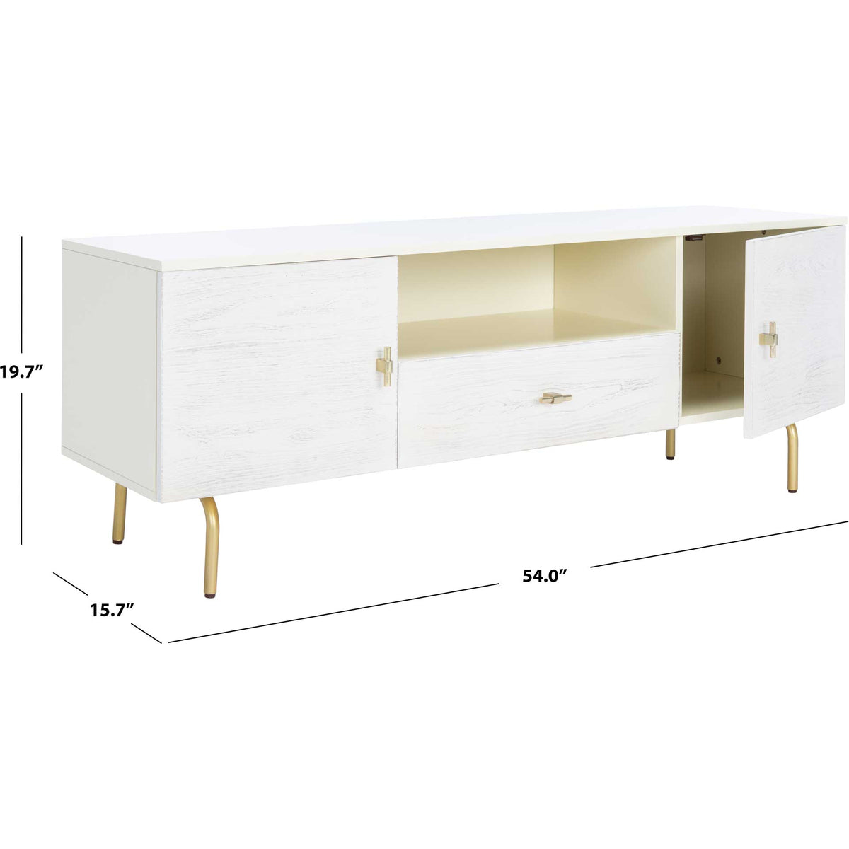 At 54 inches wide, the cream stand offers two cabinets, a center drawer, and an open shelf.