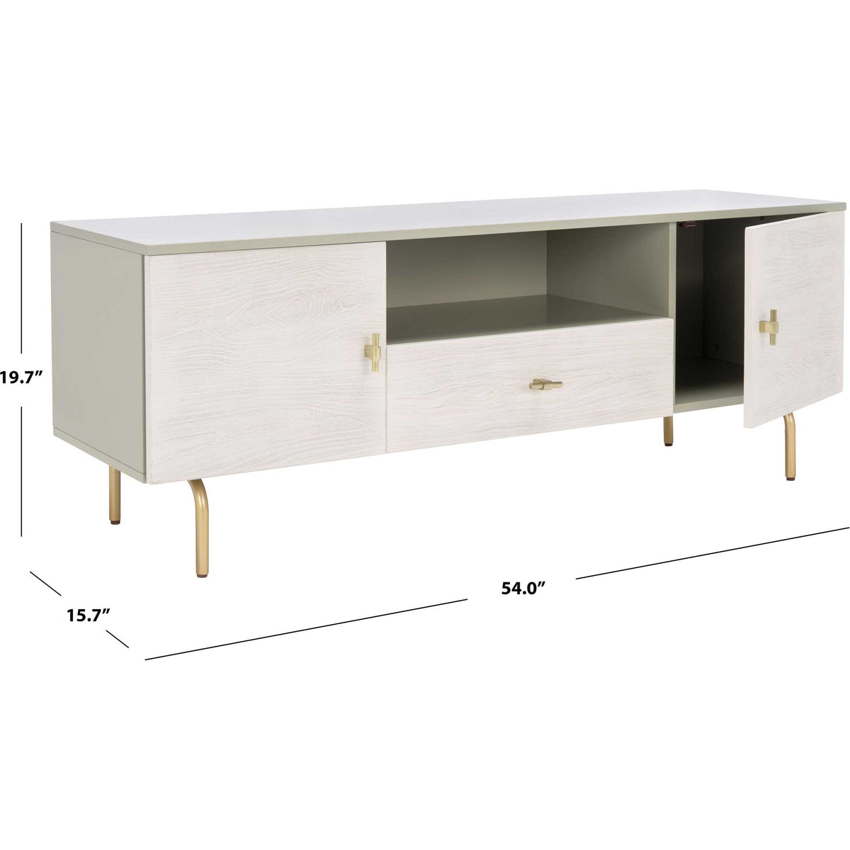 This 54-inch-wide stand pairs gray cabinetry with whitewashed doors, a drawer, and open shelving.
