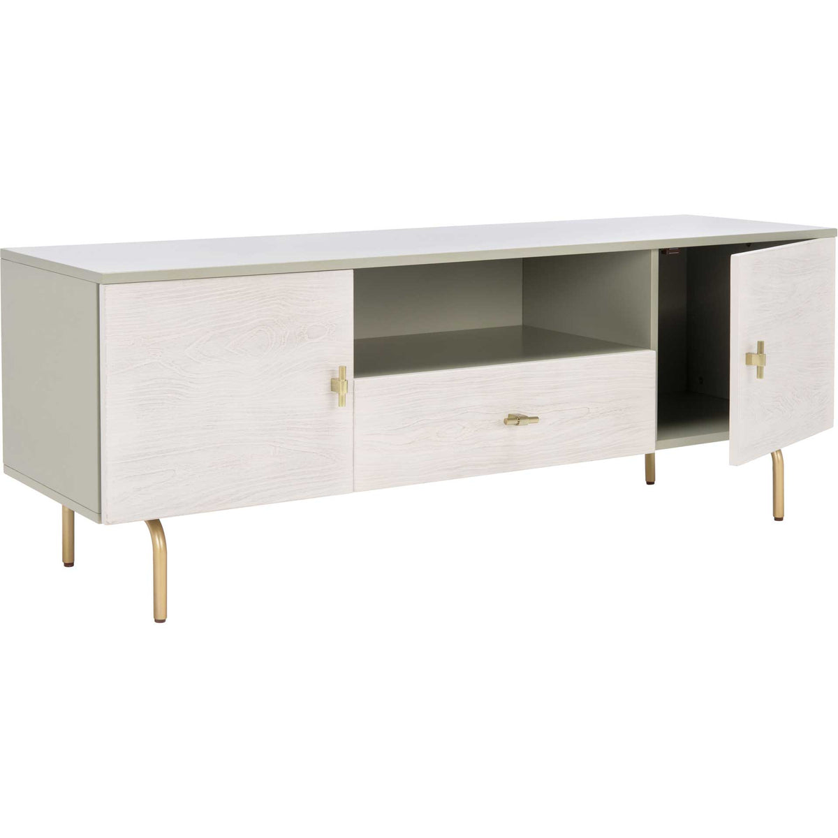 A whitewashed door swings open beside the gray interior, showcasing hidden storage and gold accents.