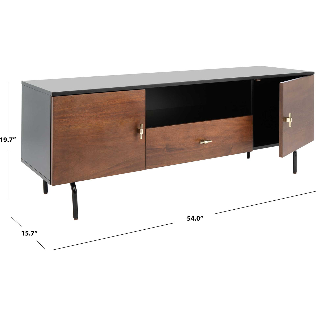 At 54 inches wide, the black-and-walnut stand adds storage without a bulky profile.