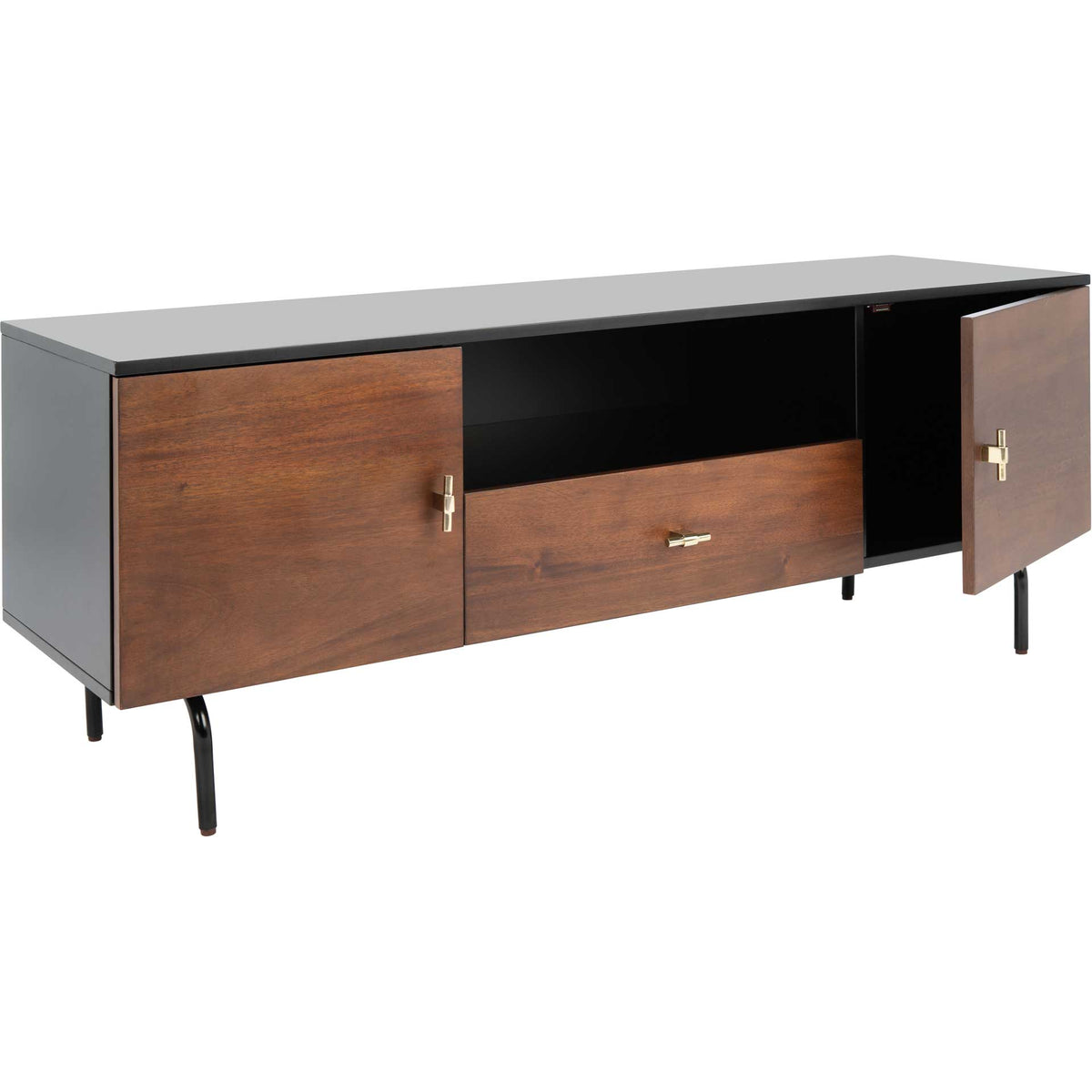 A walnut door opens to concealed storage beside a dark media shelf and slim black legs.