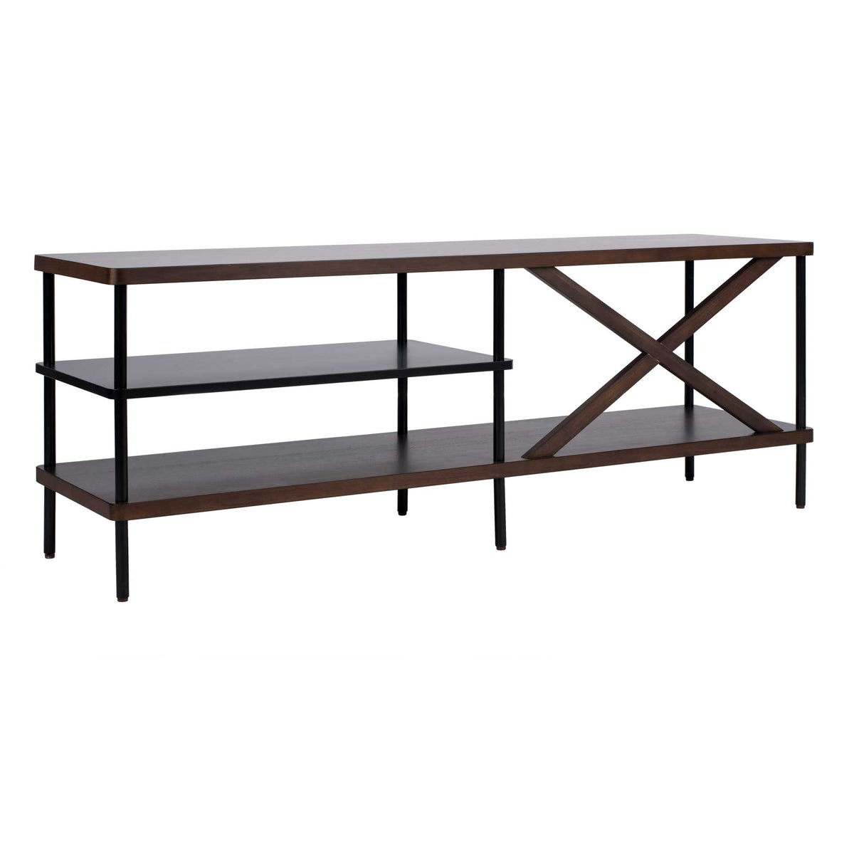 Airy walnut-finished TV console offers tiered storage beside a bold X-braced bay