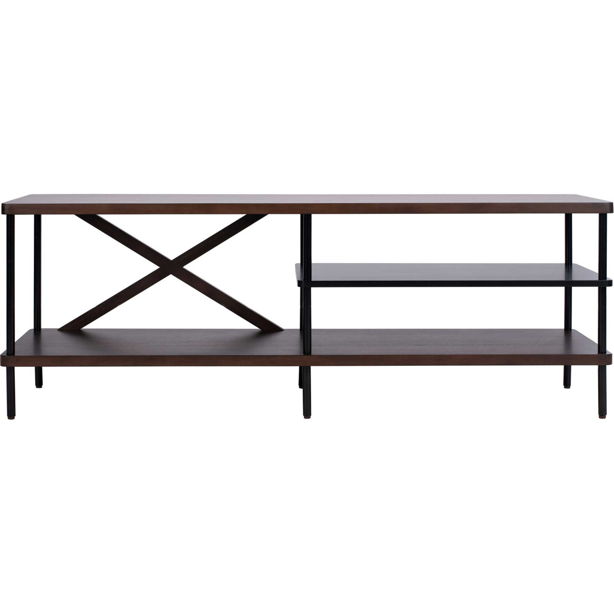 Low-profile TV stand pairs a warm walnut finish with an X-shaped brace and open display shelves || MED5001A || front_studio