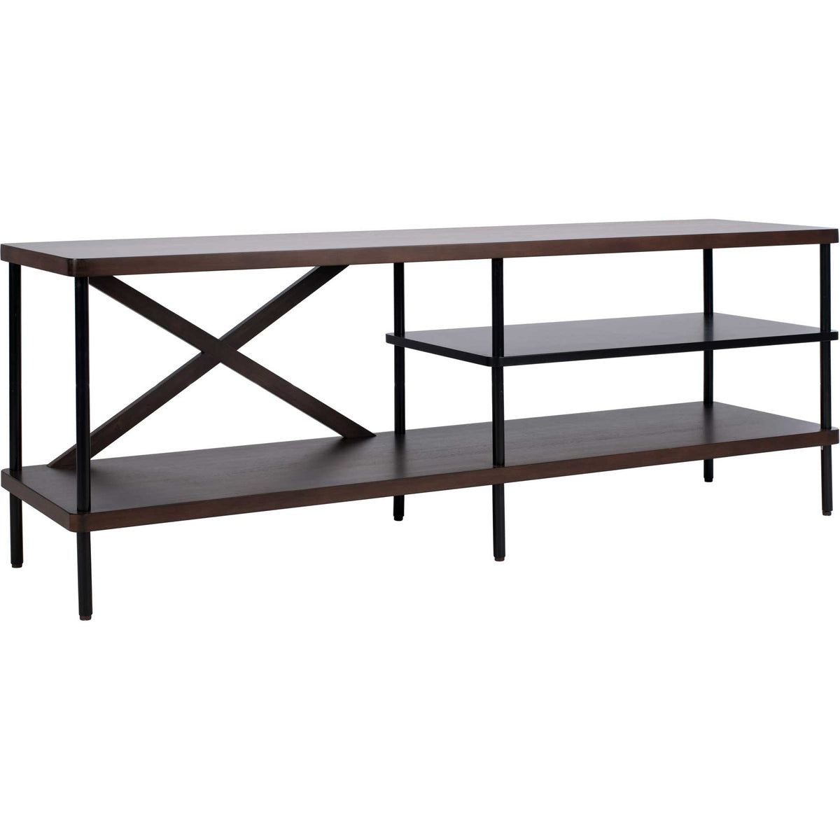 Walnut-finished media console with an X-braced bay, tiered shelves, and slim black metal supports || MED5001A || front_angle_studio