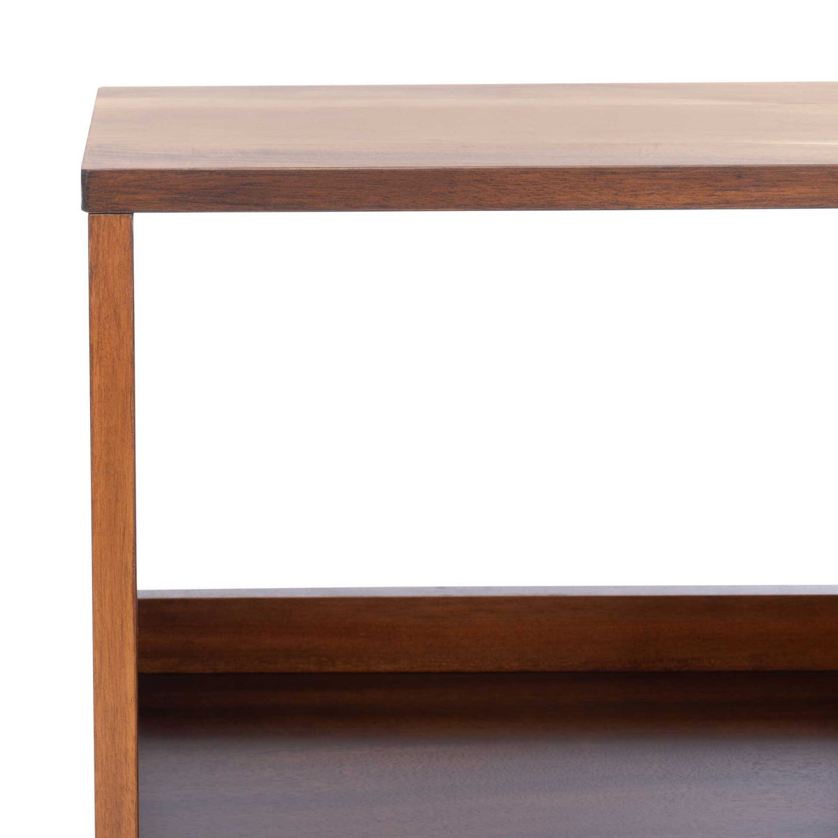 A smooth wood top and clean-lined frame border a spacious open shelf