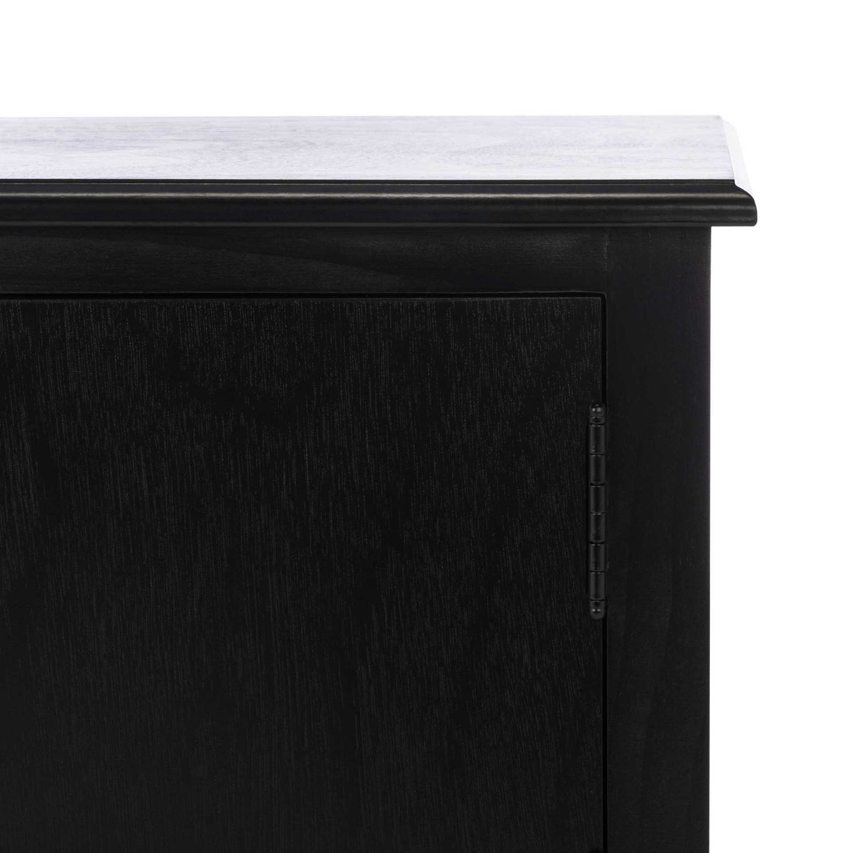 Subtle wood grain, an inset door panel and a molded top refine the black cabinet.