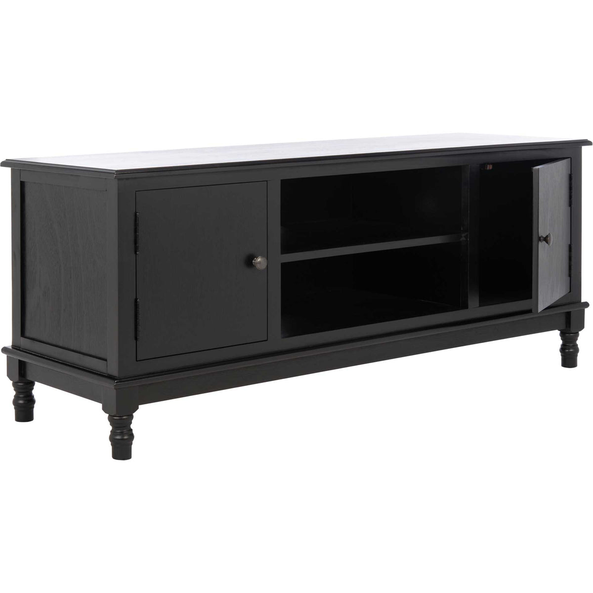 An open cabinet door reveals concealed storage beside the black stand's media shelves.