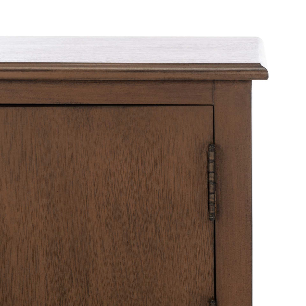 A warm brown wood-grain finish highlights the inset cabinet door and molded top.