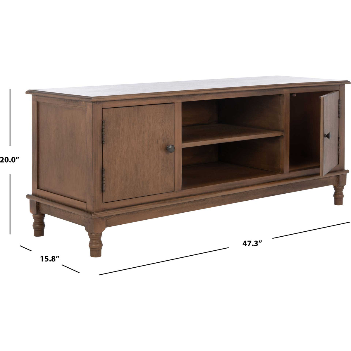 This brown media cabinet measures 47.3 inches wide and 20 inches high, with a 15.8-inch depth.