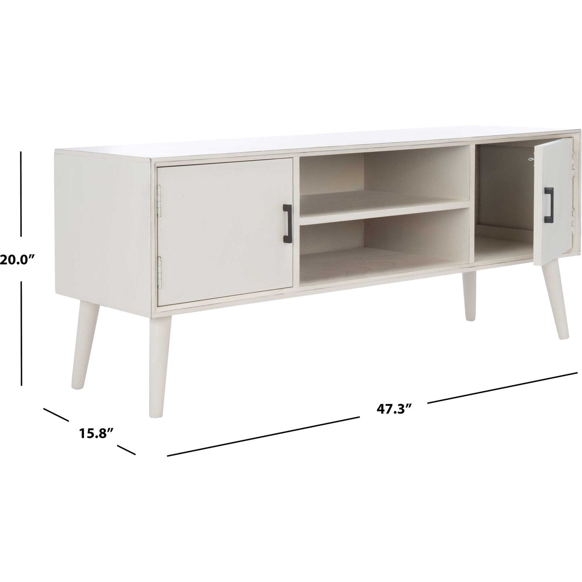 The distressed white media stand measures 47.25 inches wide, 15.75 inches deep, and 20 inches tall.