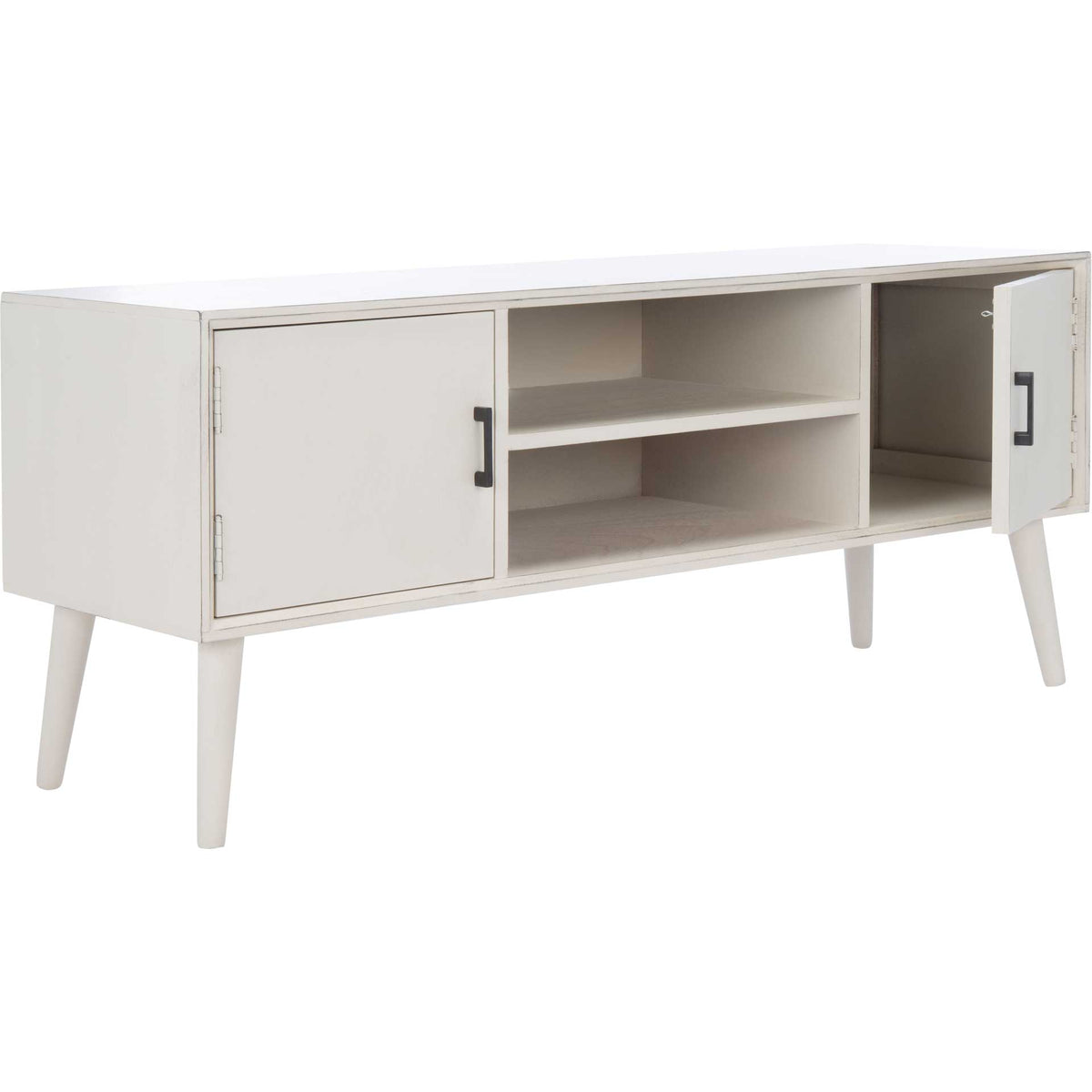 An open side cabinet reveals hidden storage beside the distressed white stand's center shelf.