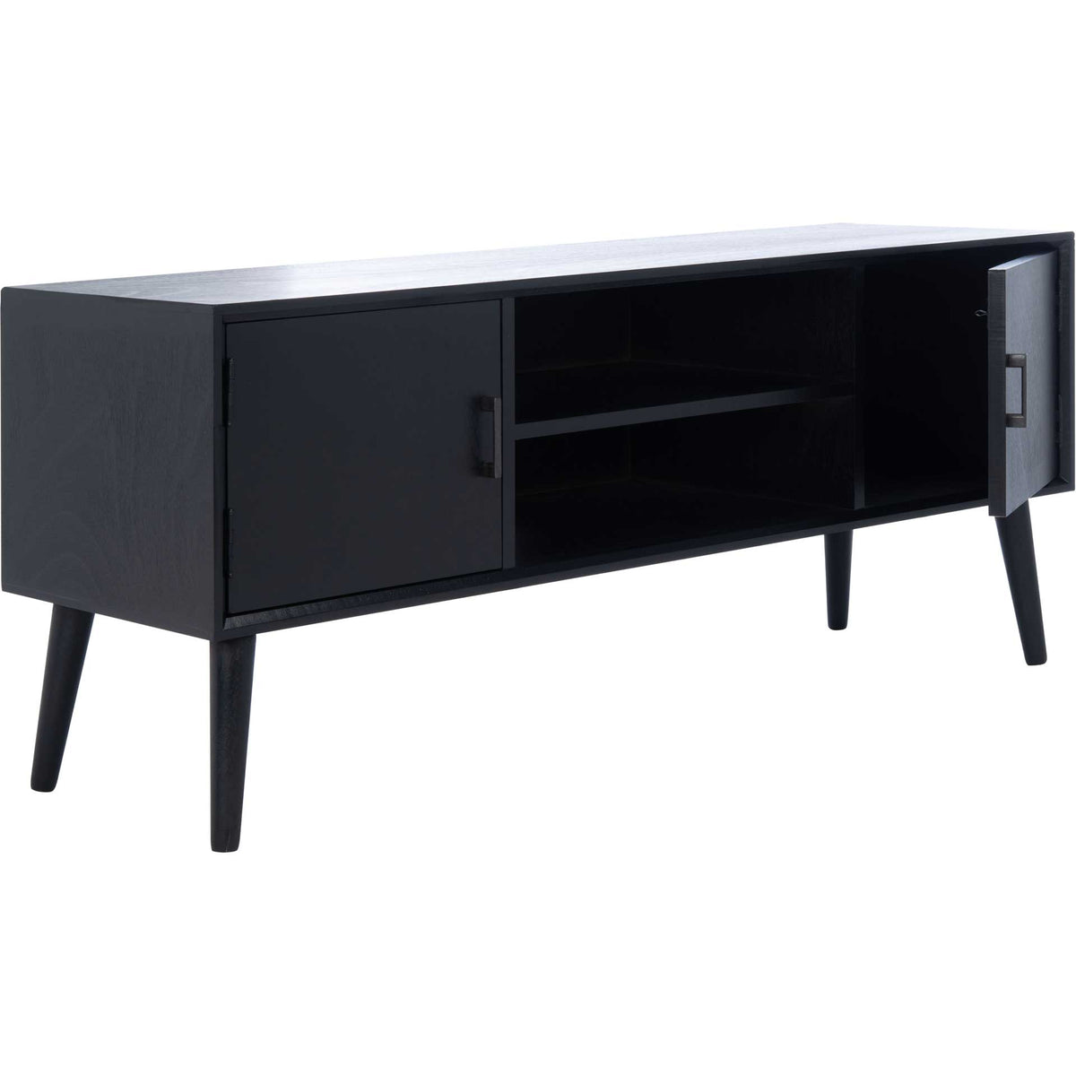 A hinged black cabinet door opens beside the media stand's divided center shelf.