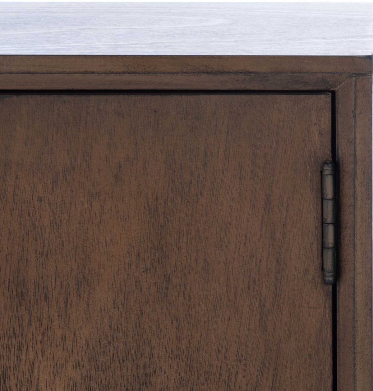A dark hinge and rich wood grain accent the brown cabinet's clean-lined door.