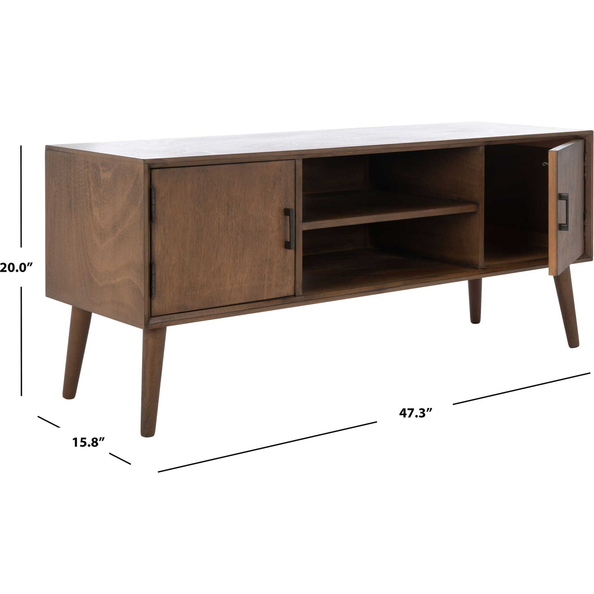 The brown media stand measures 47.25 inches wide, 15.75 inches deep, and 20 inches tall.