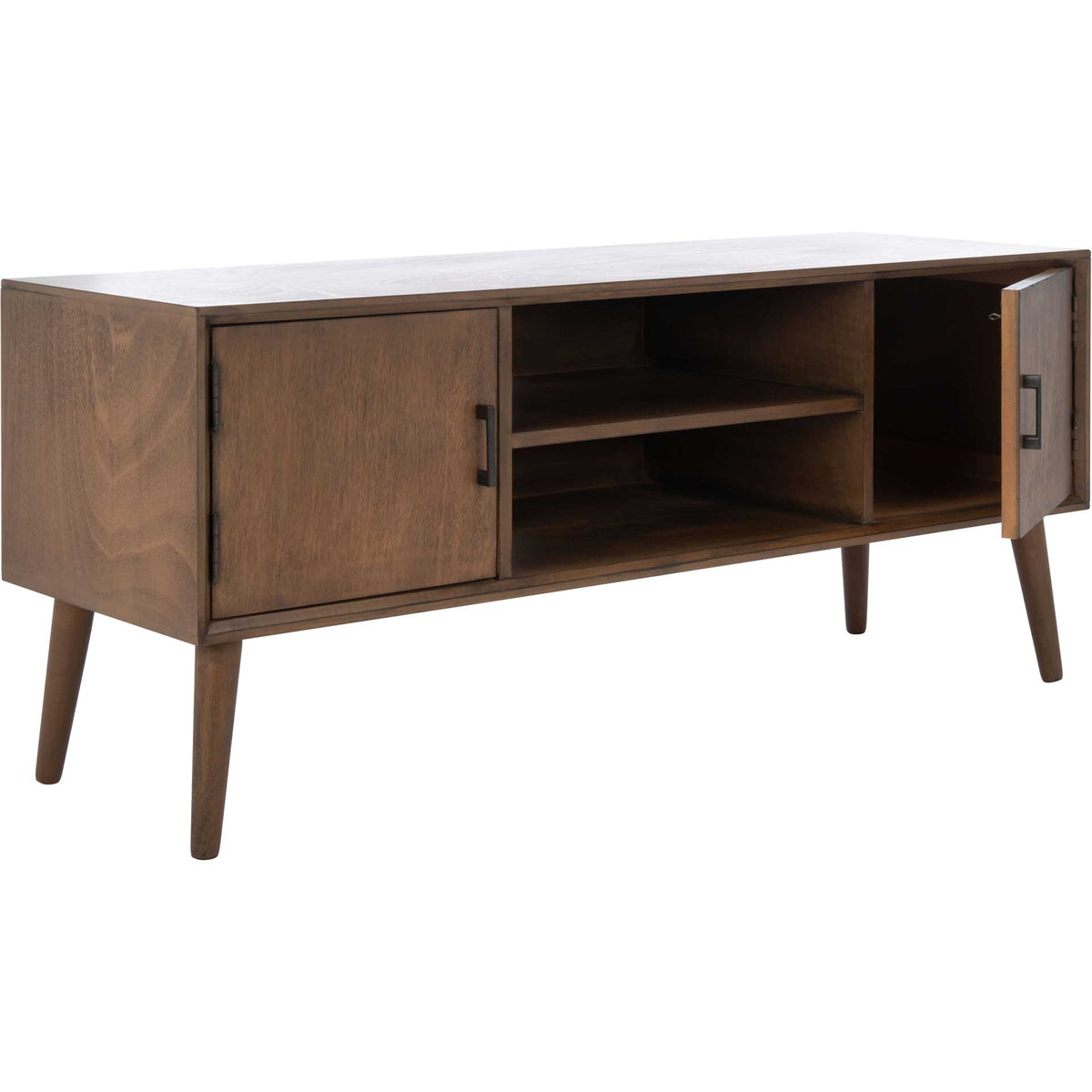 A hinged brown door opens to extra storage beside the media stand's center shelving.