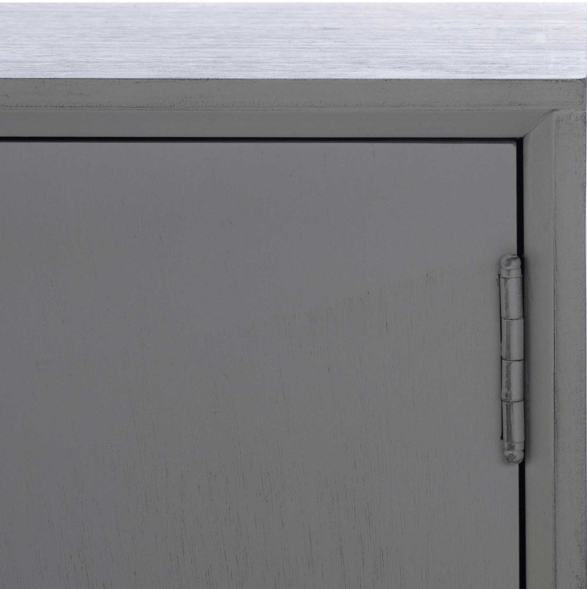 Subtle wood grain and a pale hinge accent the distressed gray cabinet frame.