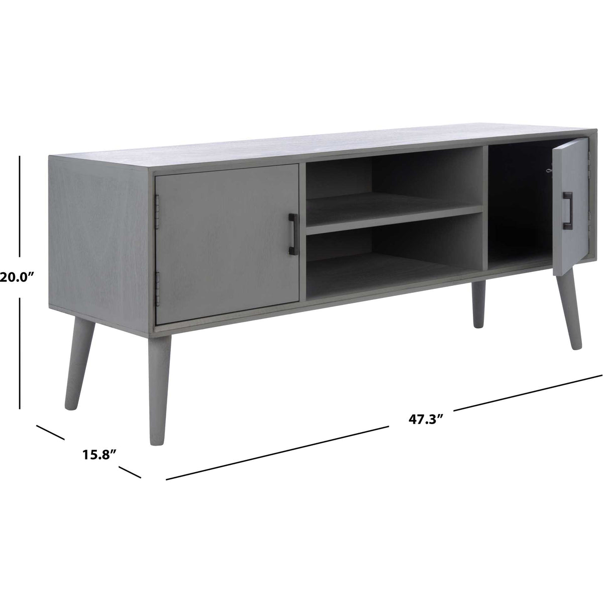 The distressed gray media stand measures 47.25 inches wide, 15.75 inches deep, and 20 inches tall.