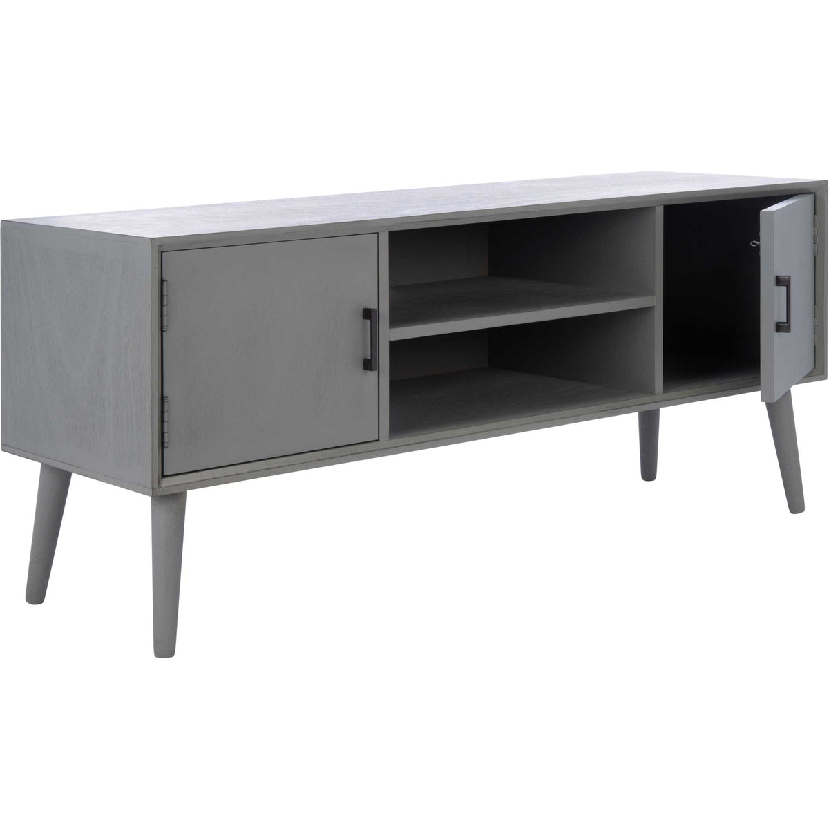 The gray stand's hinged cabinet door opens to concealed space beside its center shelf.