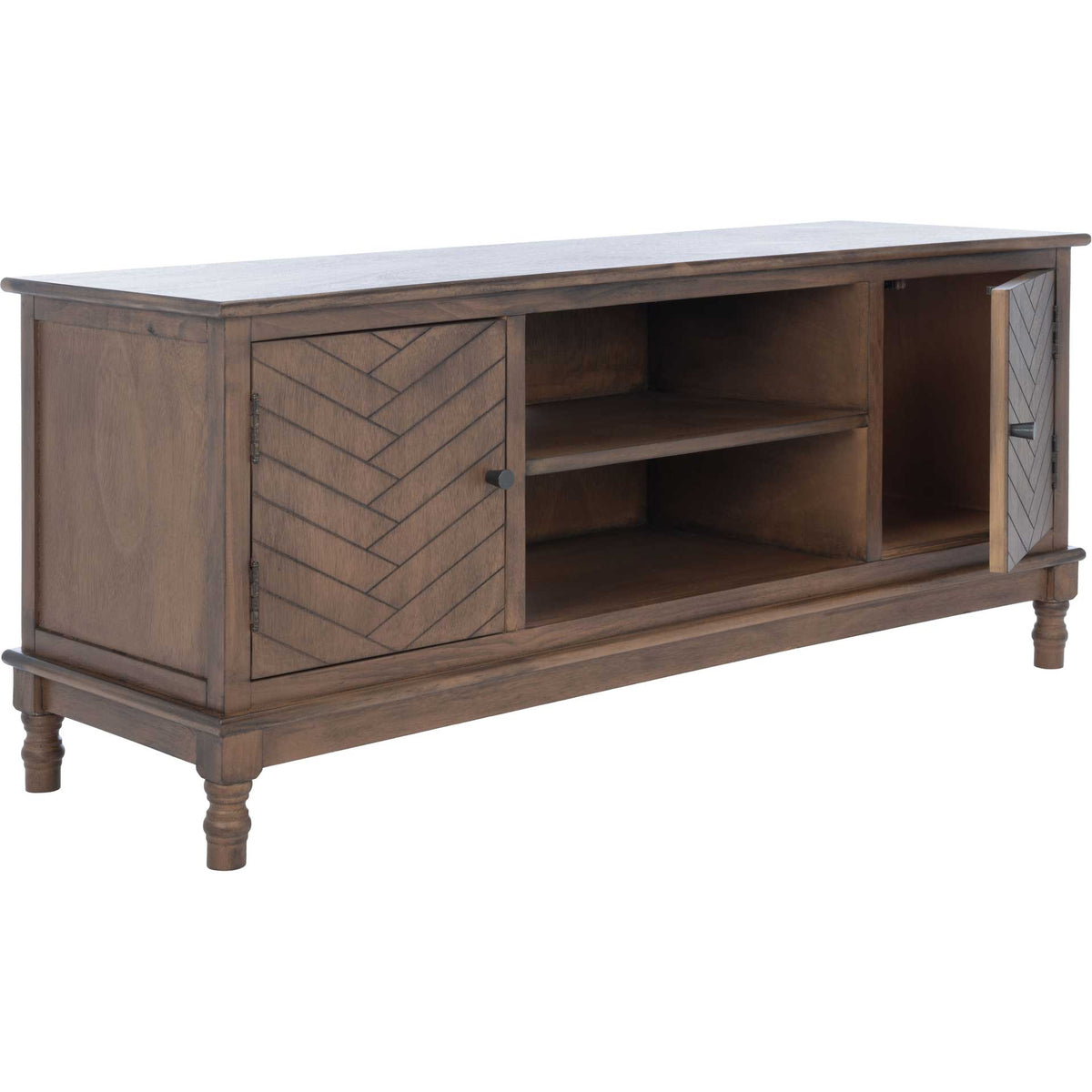 An open herringbone door reveals hidden cabinet storage beside the brown stand's open shelves.