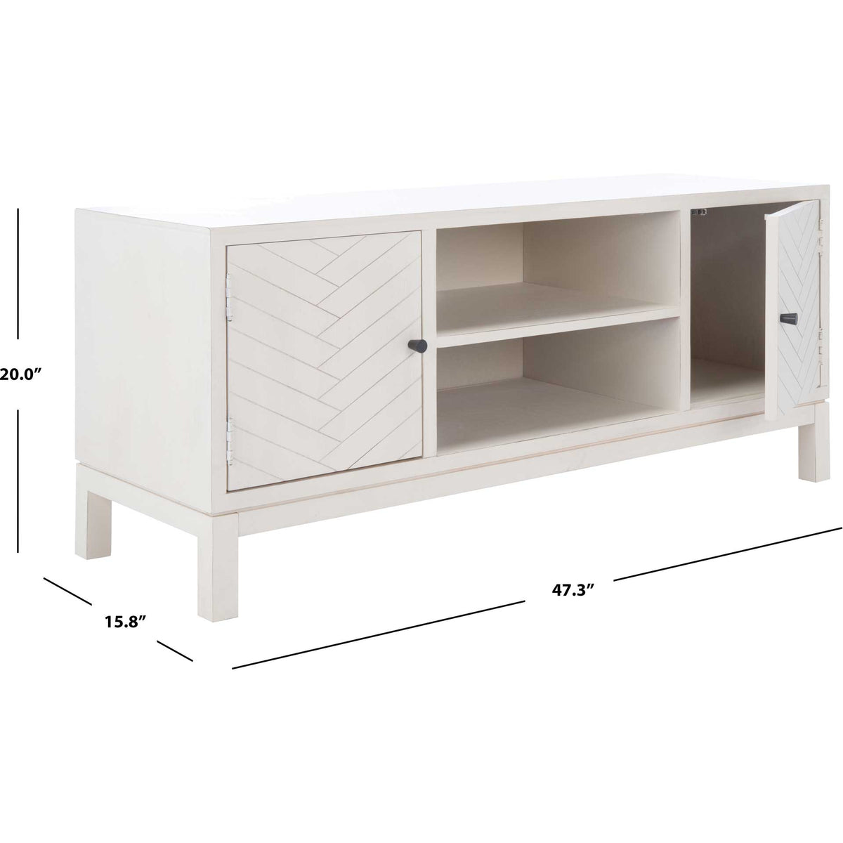 Distressed white media stand measures 47.3 inches wide, 15.8 inches deep and 20 inches high.