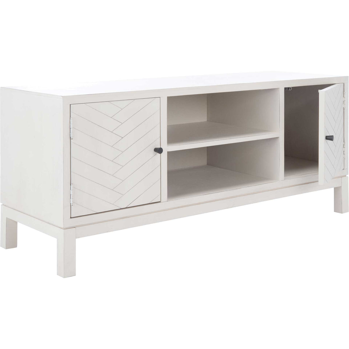 A distressed white chevron door opens to enclosed storage beside the center shelves.
