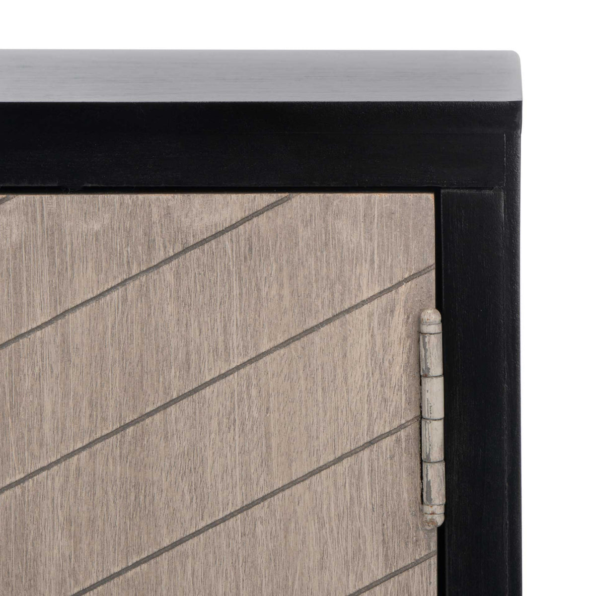 Greige chevron grooves and an exposed hinge bring texture to the media stand's door.