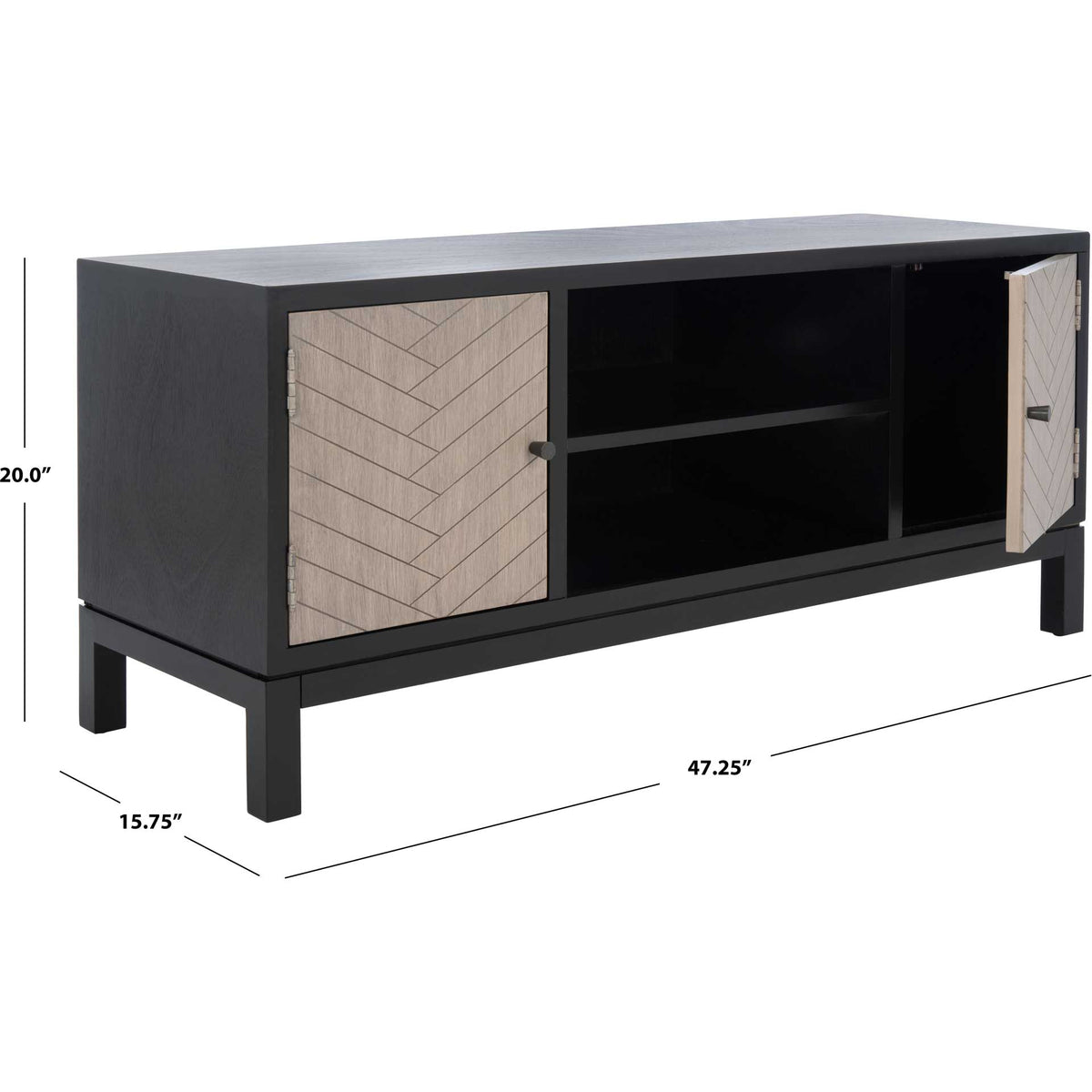 Black and greige media stand measures 47.25 inches wide, 15.75 inches deep and 20 inches high.