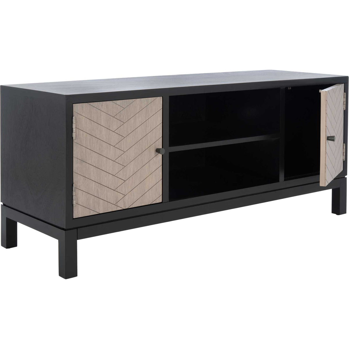 A greige chevron door opens to concealed storage beside the black media shelves.