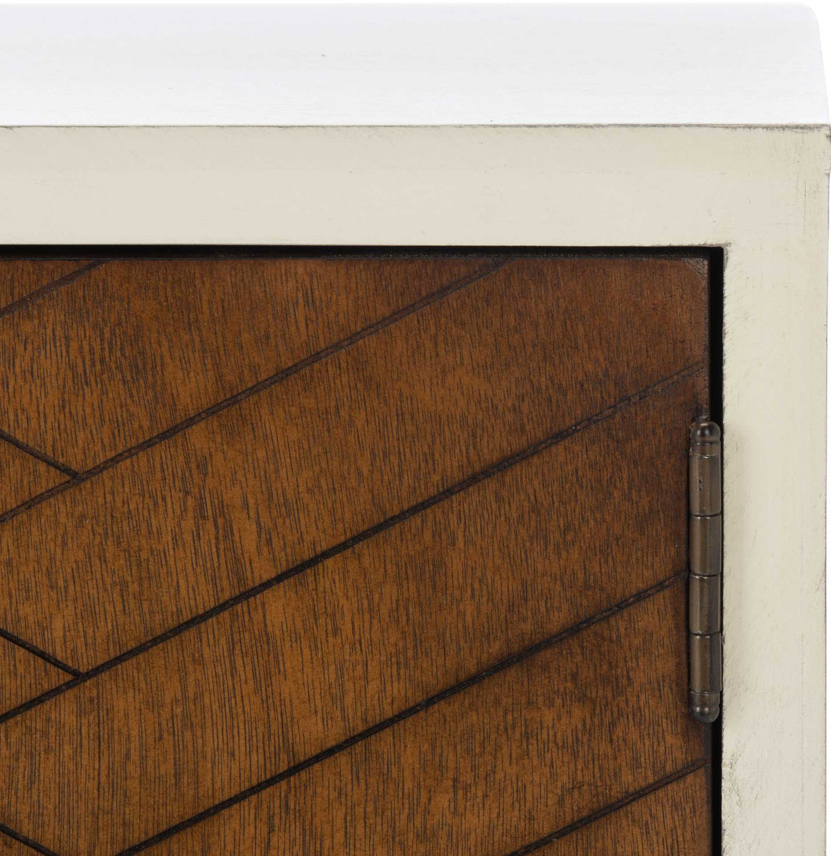 Honey brown woodgrain and chevron grooves meet a distressed white frame and exposed hinge.