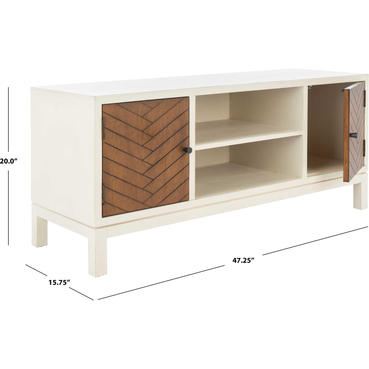 White and honey brown media stand measures 47.25 inches wide, 15.75 inches deep and 20 inches high.