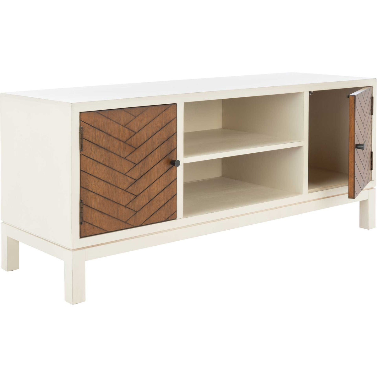 A honey brown chevron door opens to a cabinet compartment beside the white shelves.