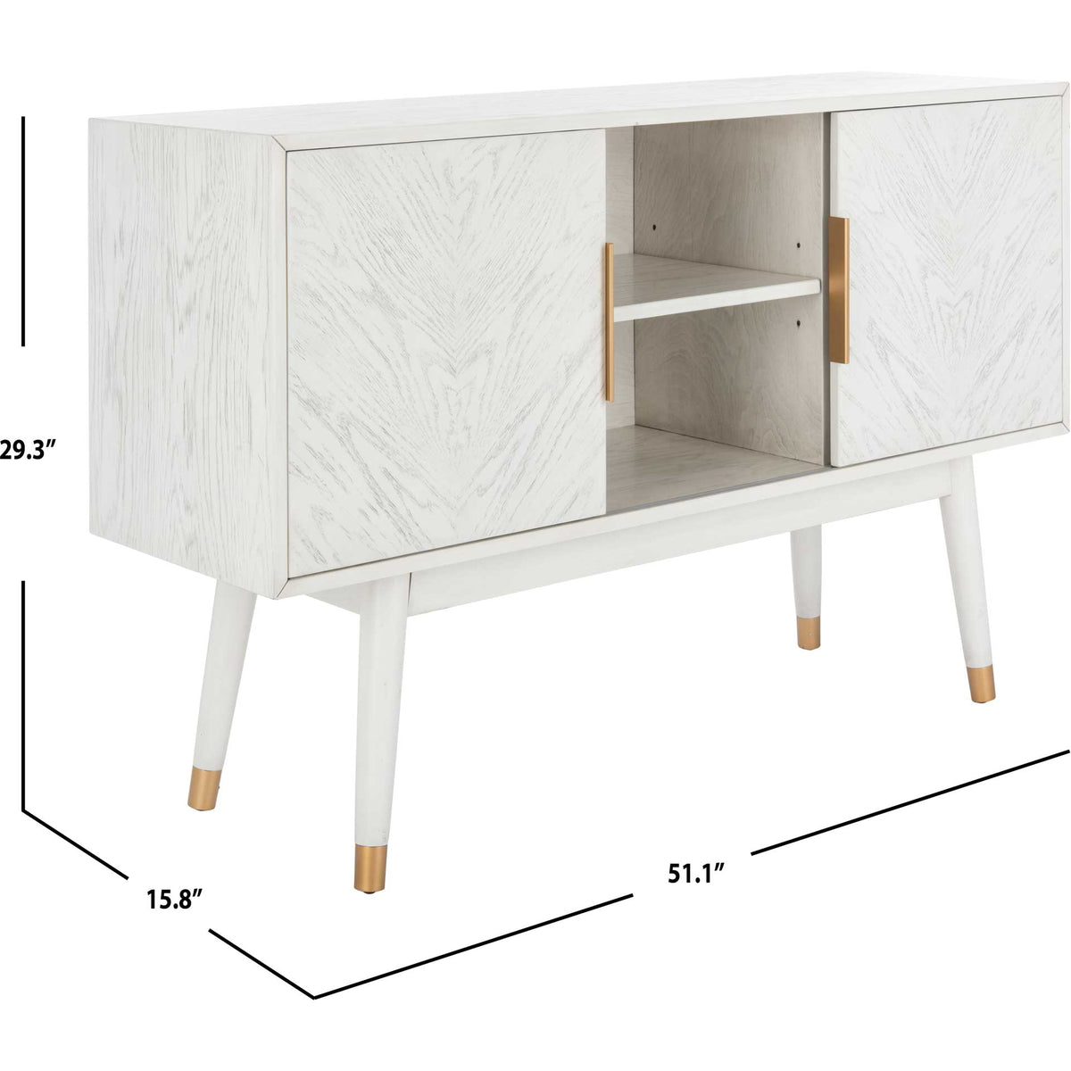 This whitewashed media cabinet measures 51.1 inches wide, 15.8 inches deep and 29.3 inches high.