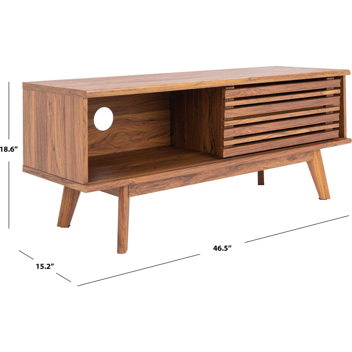 The media stand measures 46.5 inches wide, 15.2 inches deep, and 18.6 inches high.
