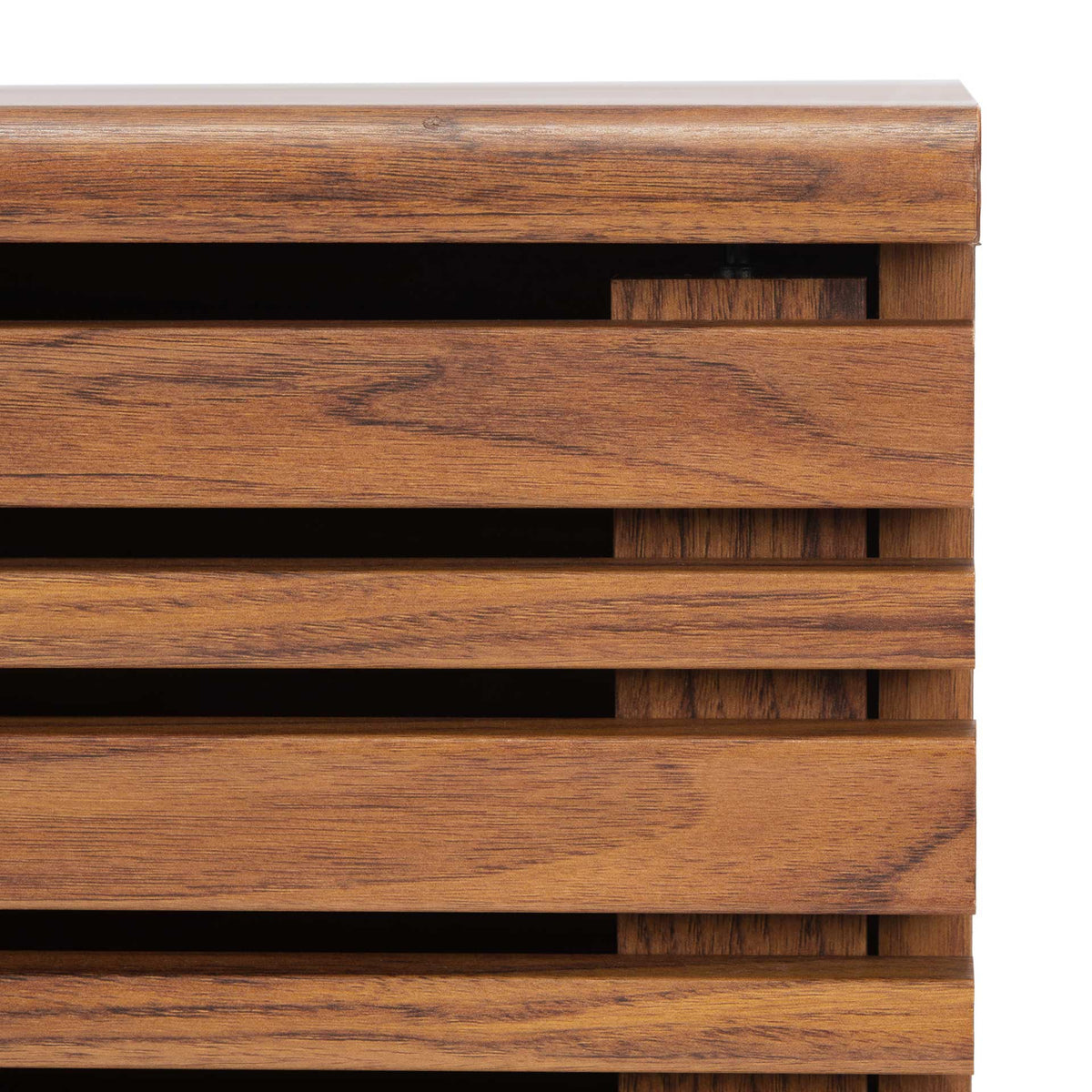 Horizontal wood-grain slats add texture and mid-century character to the cabinet doors.