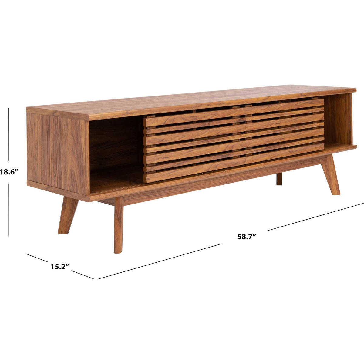 Walnut-finish media stand measures 58.7 inches wide, 15.2 inches deep and 18.6 inches tall.