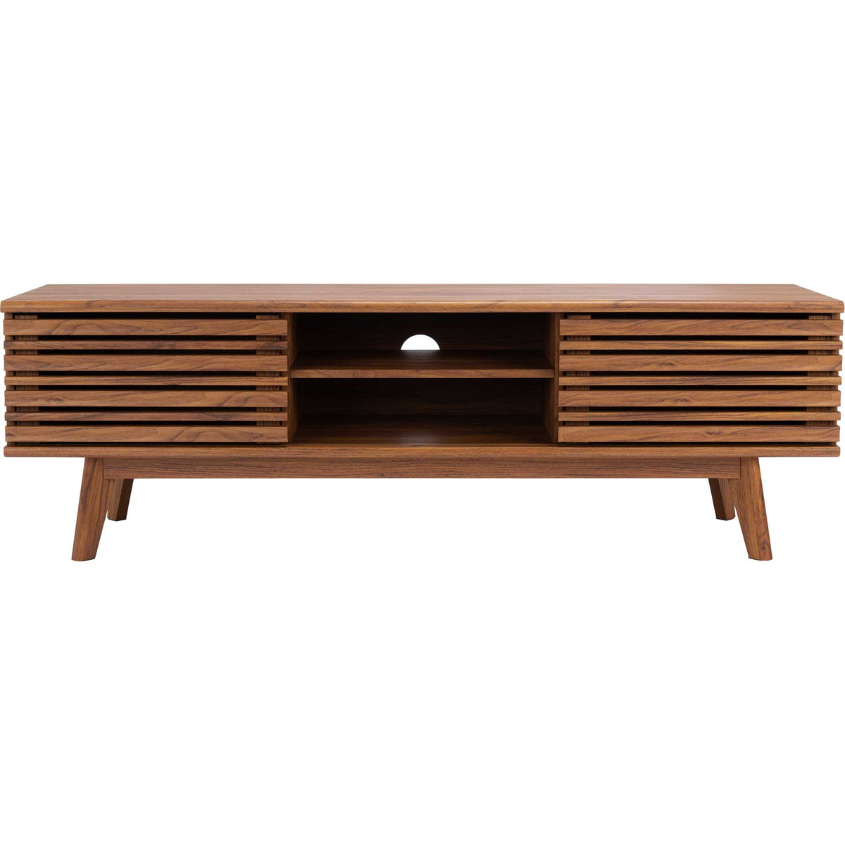 Two slatted doors frame open center shelves and a cable opening on this walnut-finish media stand. || MED9601A || front_studio
