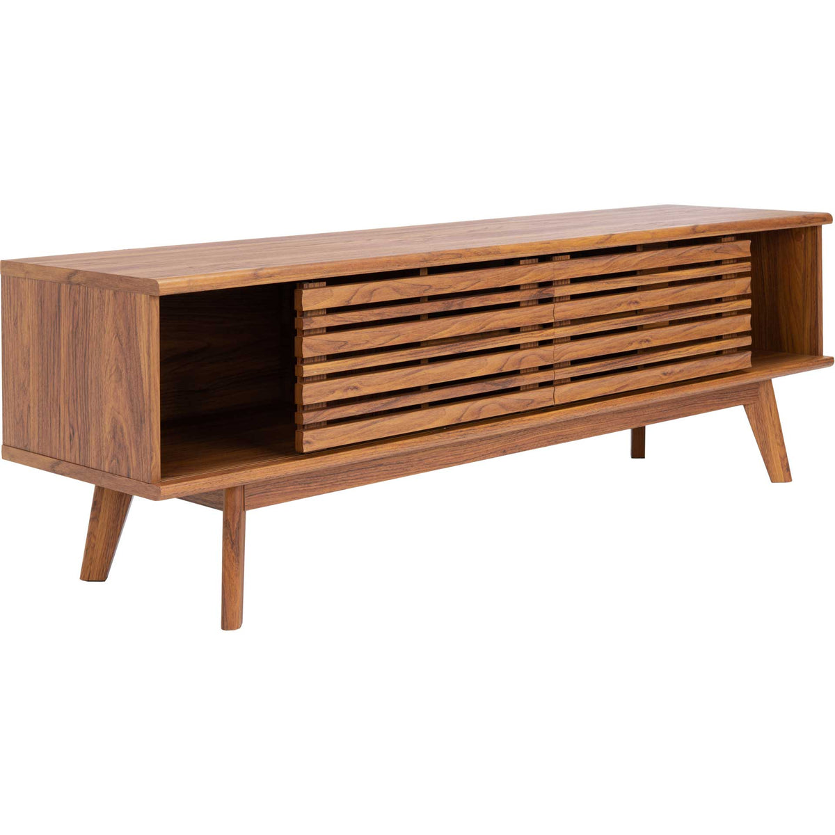Slatted sliding doors reveal side storage beneath a walnut-finish top and above angled legs. || MED9601A || front_angle_open_studio
