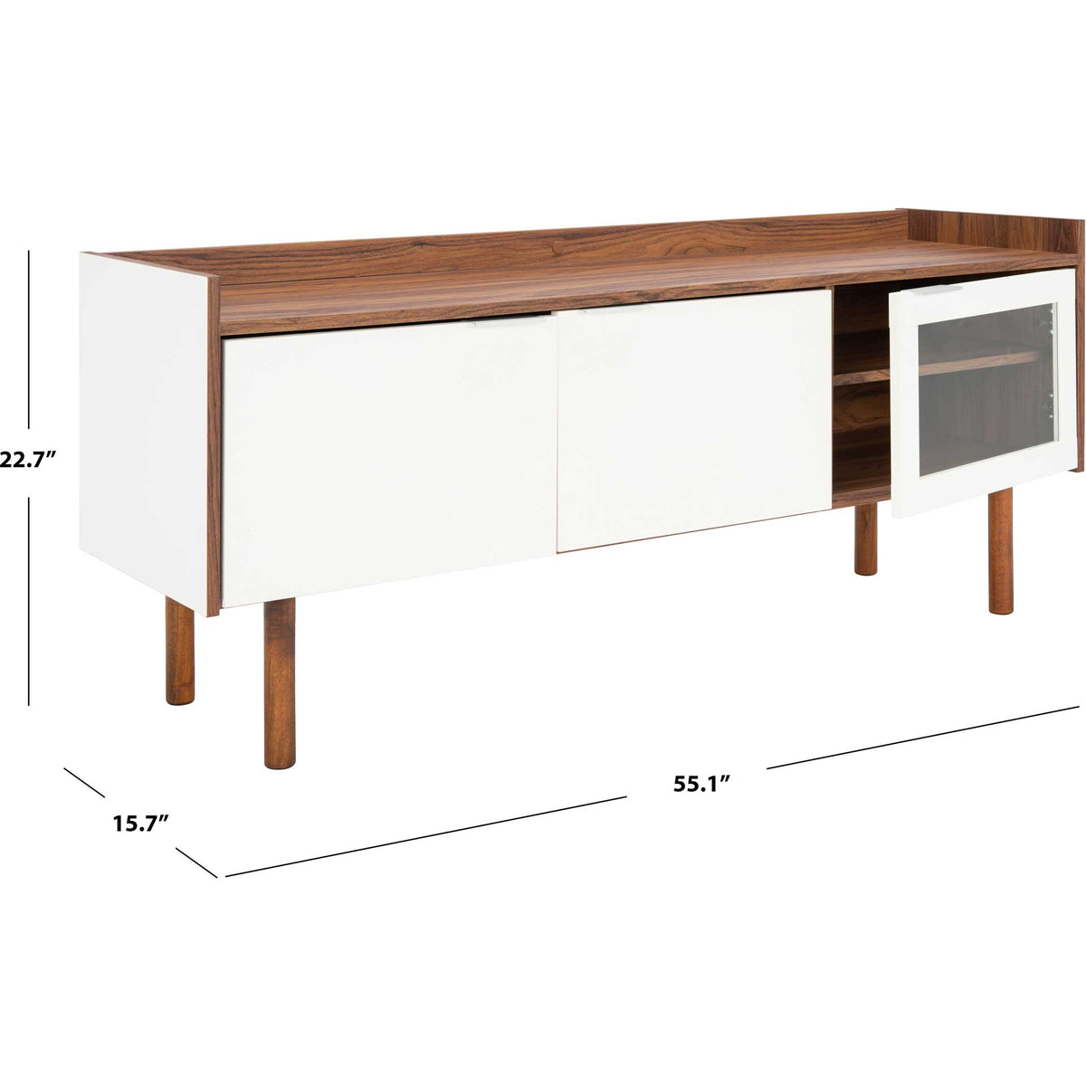 The white media stand measures 55.1 inches wide and 22.7 inches tall, with a walnut-finished top.