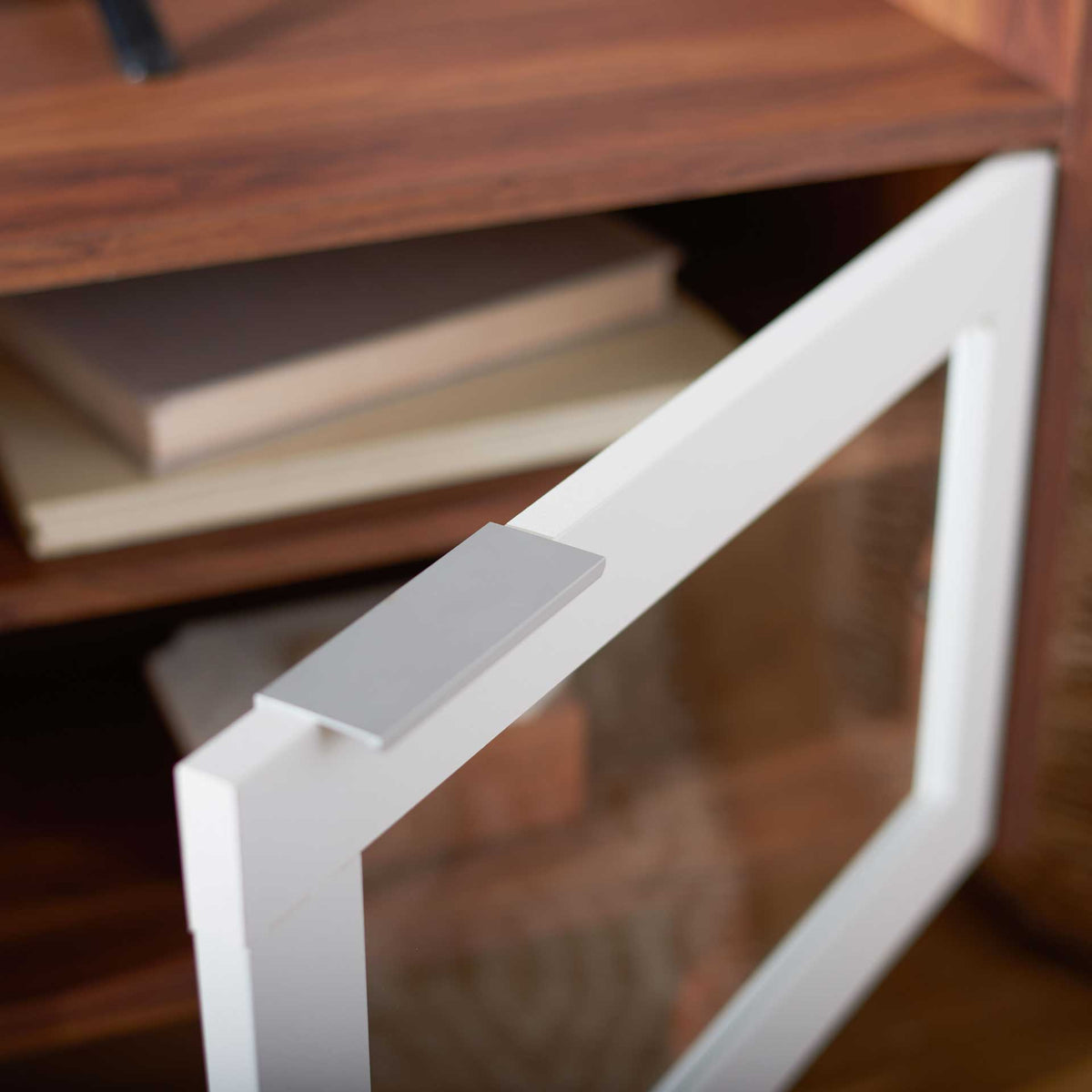 A slim metal pull opens the white-framed glass door to warm wood-tone media shelves.