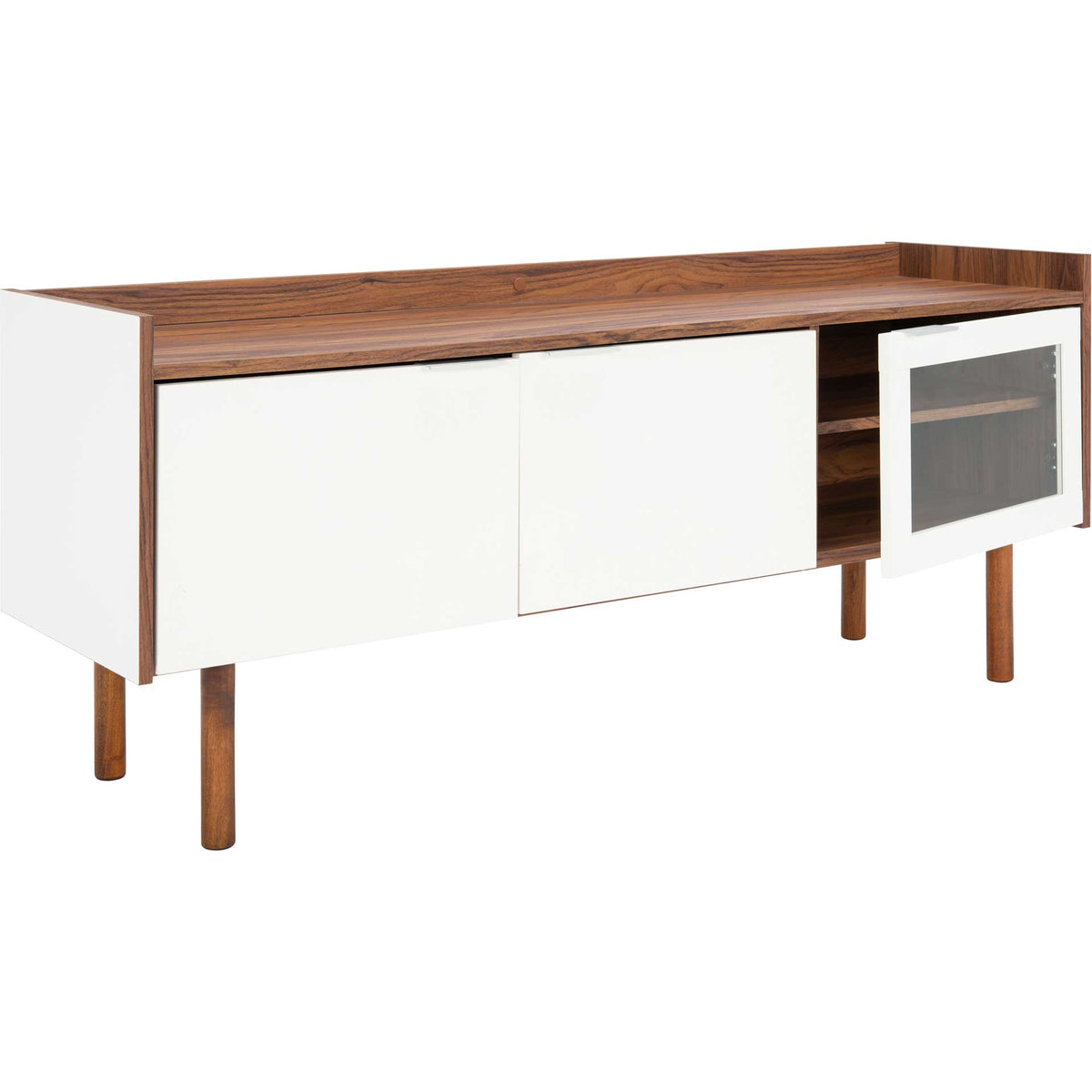 The white-framed glass door opens to walnut-toned media storage beside two smooth white cabinet doors.
