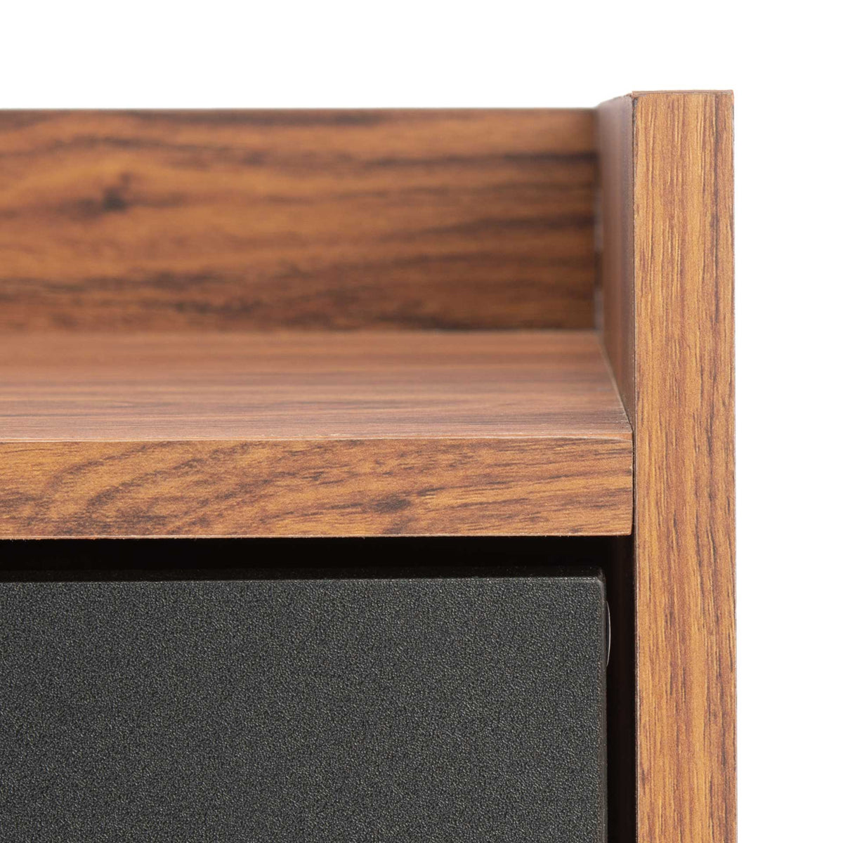 Walnut-grain top and raised rim warm up the streamlined black cabinet front.