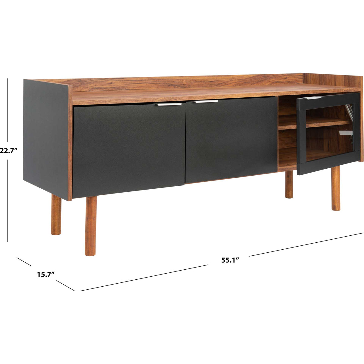 At 55.1 inches wide, the media stand pairs black cabinet doors with a raised walnut-finished top and tapered legs.