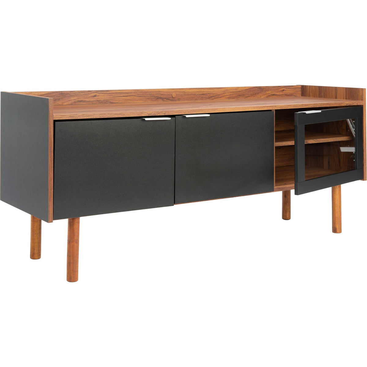 An open black-framed glass door reveals walnut-toned shelves beside two smooth black cabinet doors.