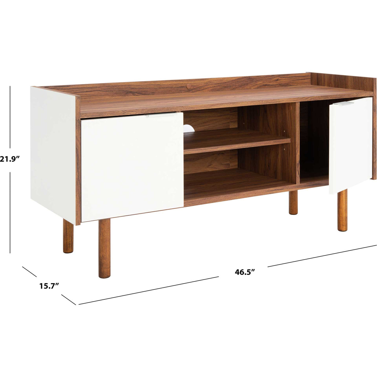 Walnut and white media stand measures 46.5 inches wide, 15.7 inches deep, and 21.9 inches high