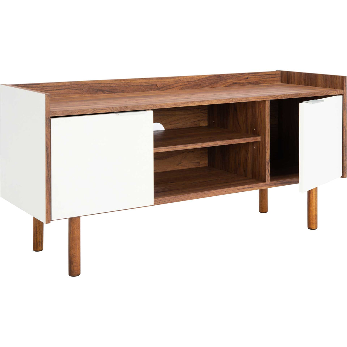 Walnut-finish stand with one white door open to reveal storage beside the center shelves