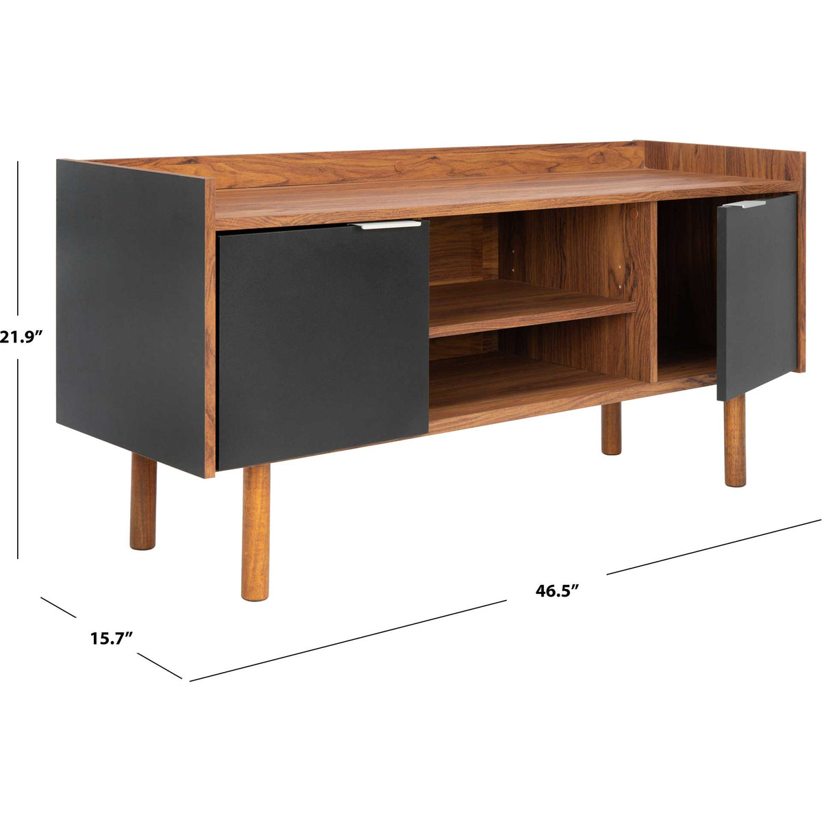 Walnut and black media stand measures 46.5 inches wide, 15.7 inches deep, and 21.9 inches high