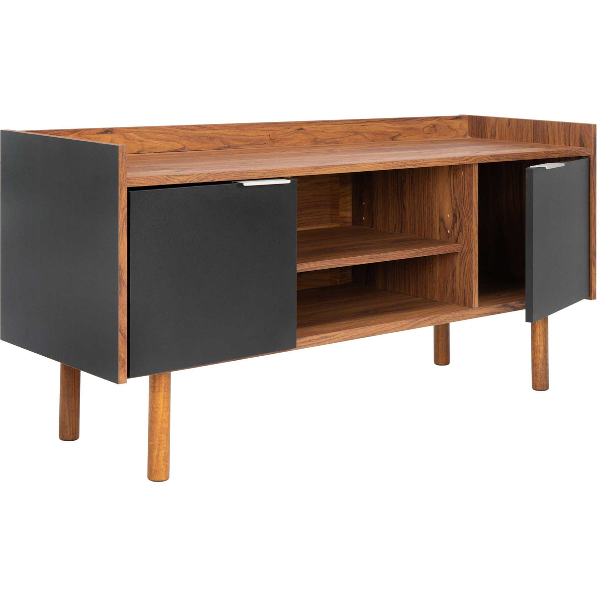 Walnut-finish stand with one black door open to reveal storage beside the center shelves