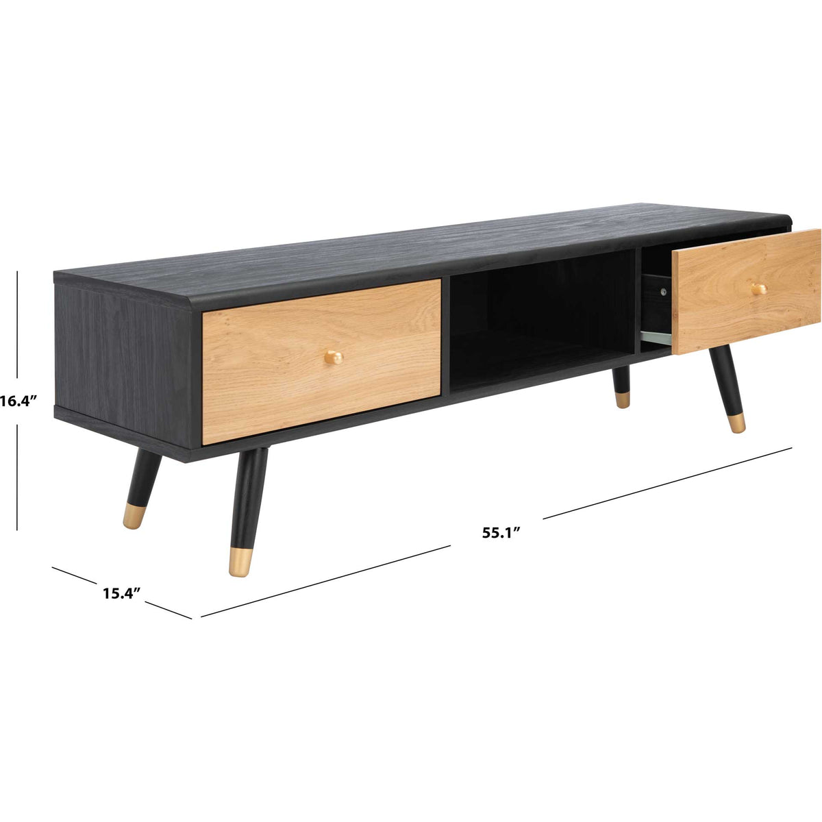 The two-tone media stand measures 55.1 inches wide, 15.4 inches deep, and 16.4 inches high.