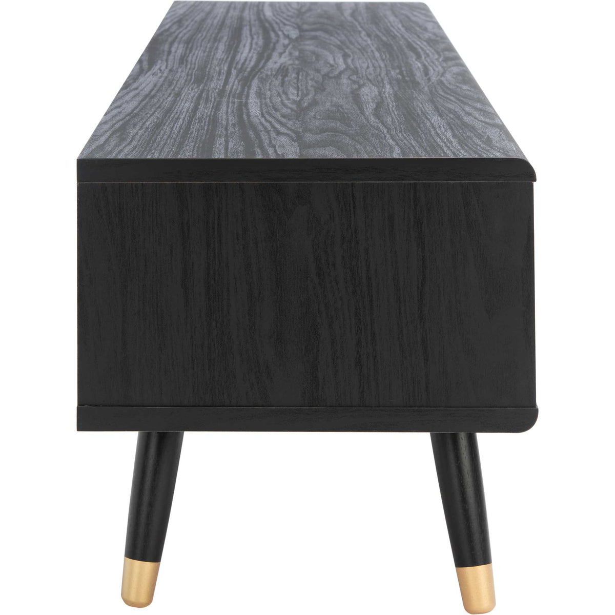 Black wood-grain sides meet angled legs with gold-tone tips for a clean midcentury look.