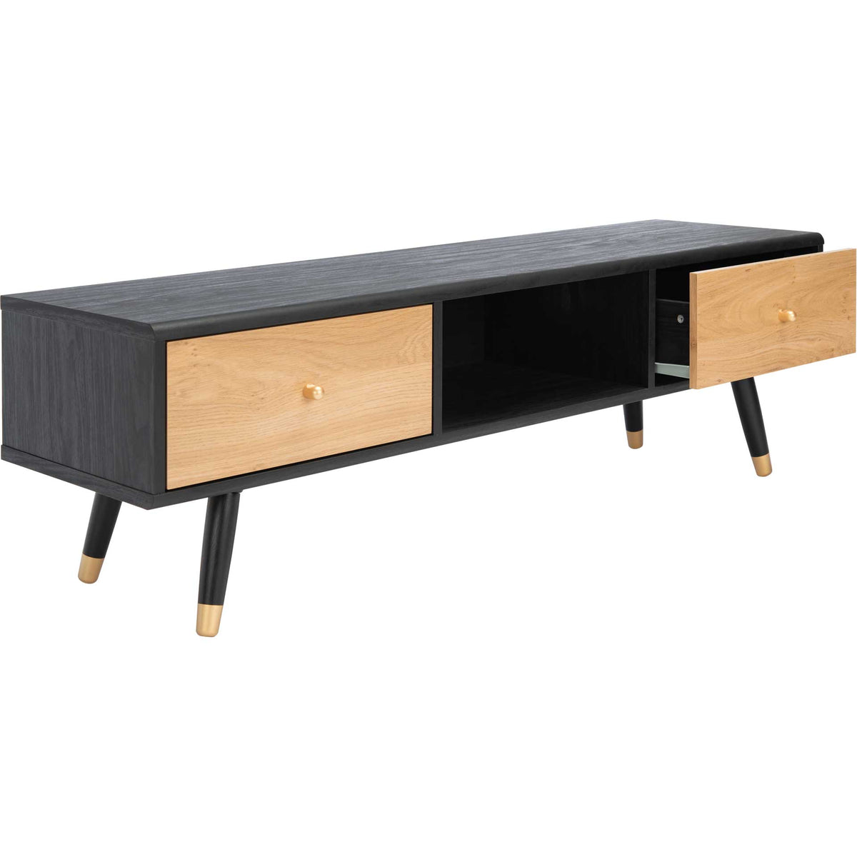 An oak-toned drawer opens beside the media shelf, adding accessible storage to the streamlined black console.